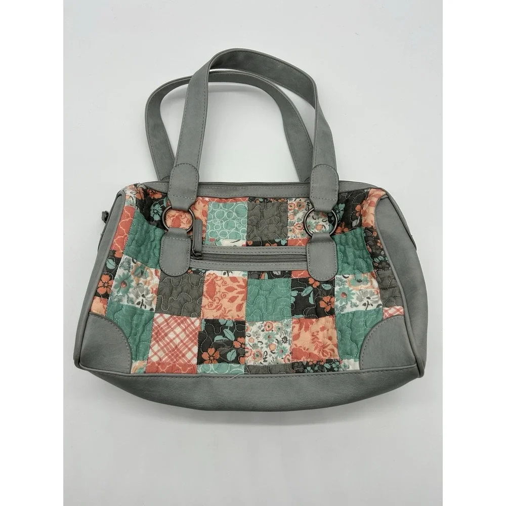 Tess Barrel Shape Handbag in Mint/Mellon/Grey Quilted Patchwork